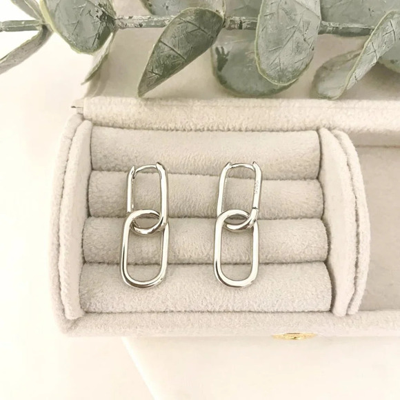 925 Sterling Silver Dangle Chain Link Earrings Dainty Minimalist Hoop Earrings - Picture 2 of 7